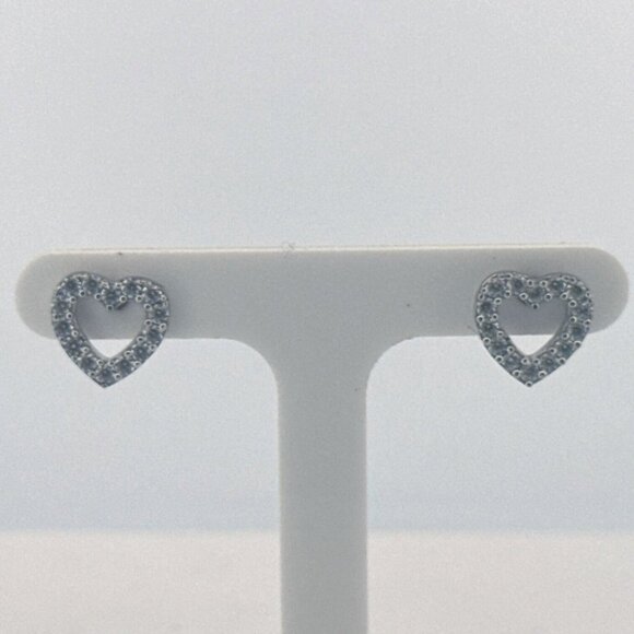 Estate Sterling Silver 925 Heart CZ Stud Earrings 0.39" Sparkly Cute Gift - Picture 1 of 8